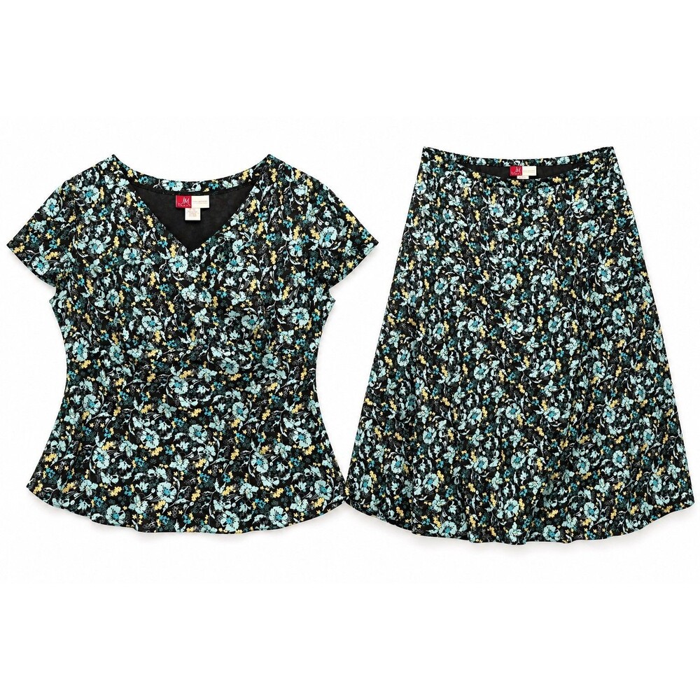 JM Collection Floral Skirt Set Outfit Black Teal Blue Yellow Women’s Size 16W